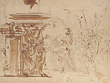 The Head of Pompey Presented to Julius Caesar (recto); Study for an Elaborate Door Frame (verso), Giovanni Antonio Pellegrini (Italian, Venice 1675–1741 Venice), Pen and brown ink, brush and brown wash, over red and black chalk; traces of white chalk at upper right edge (recto); pen and brown ink, brush and brown wash, over black chalk (verso)